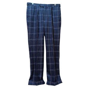 J Hilburn Mens Tailored Wool-Cashmere Pants Blue Plaid W33 L28 Heritage Luxury